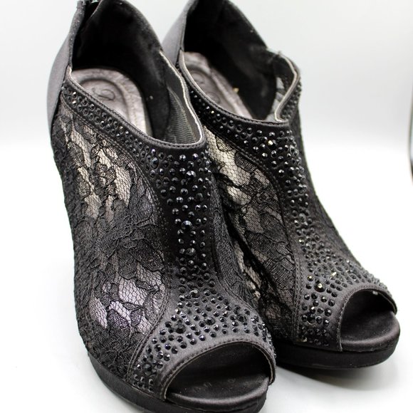 De Blossom Collection Shoes - De Blossom Collection Floral Mesh Zippered Heel Black Lace & Jeweled Booties 5